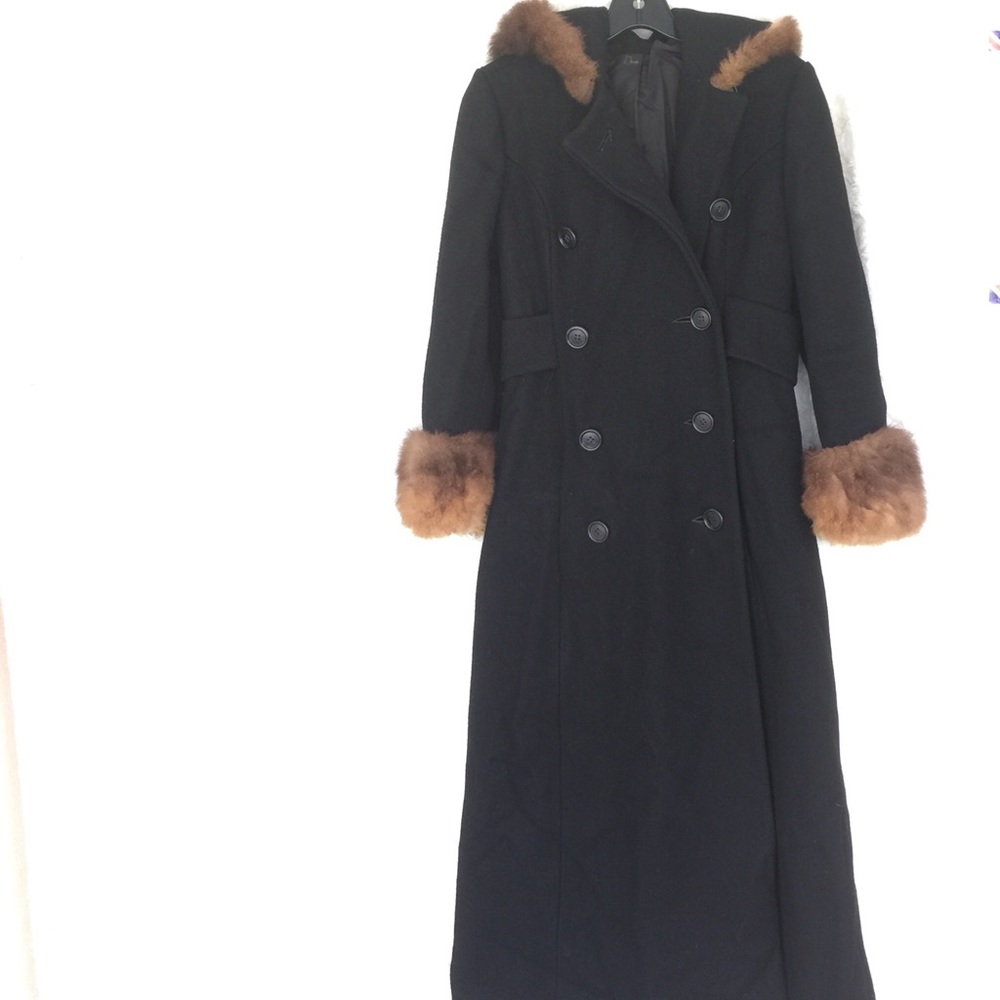 Black Long Hooded Wool Trench With Fur Trim Small